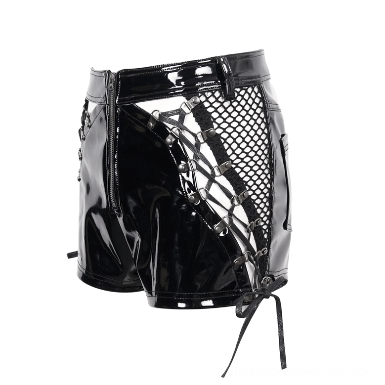 Angled side view of black patent leather shorts with metal eyelet lace-up mesh panel and punk hardware details