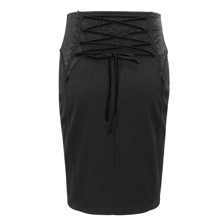 Back product shot of black gothic pencil skirt highlighting lace-up corset back and drawstring tie details