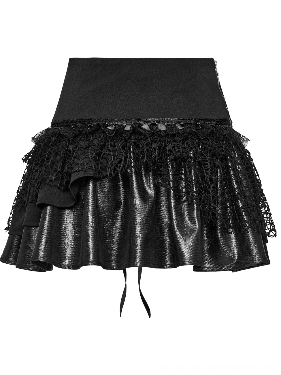 Black gothic mini skirt flat lay front view showing fitted waistband and layered faux leather with mesh ruffled hem