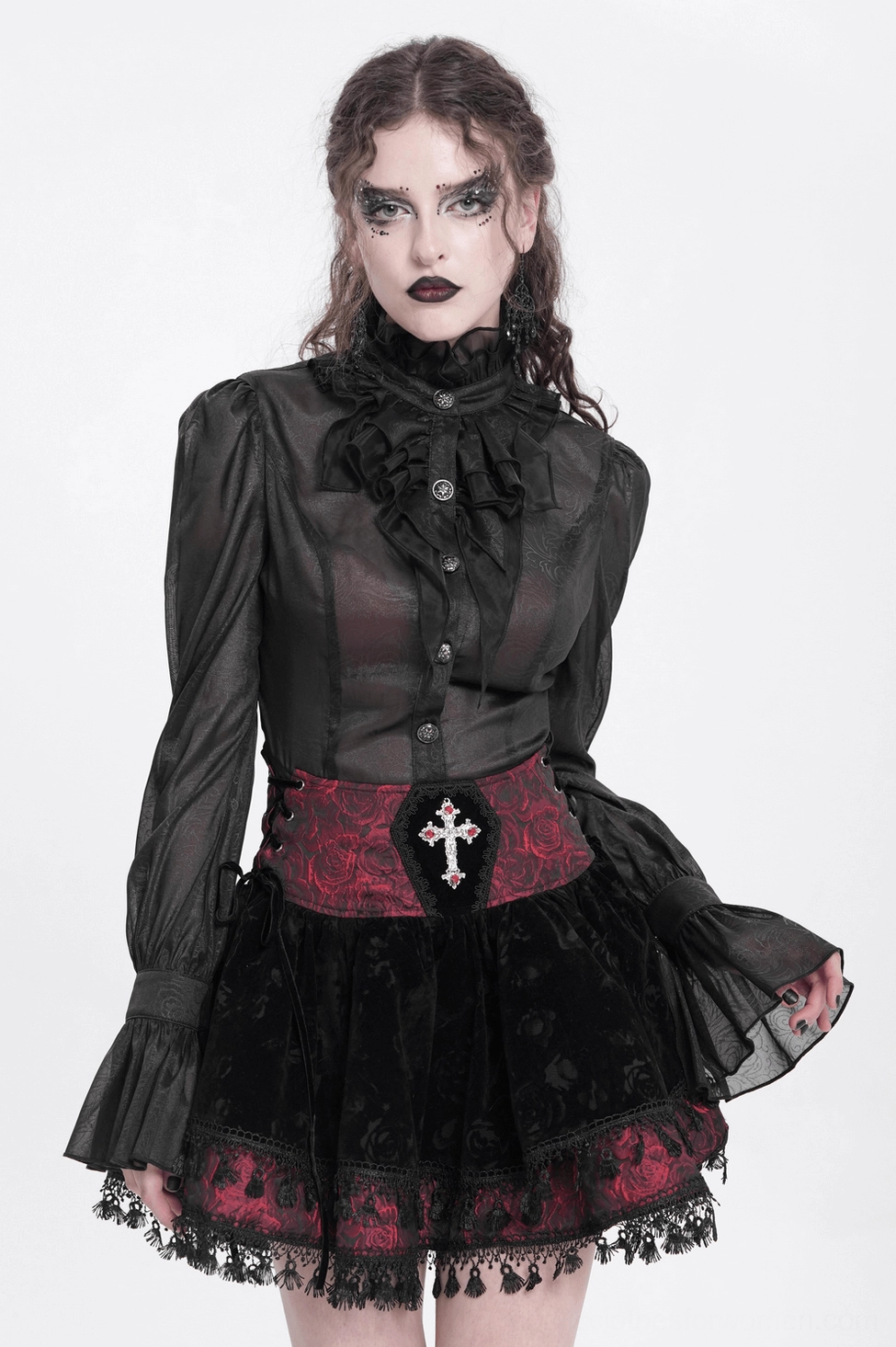 Gothic lace-up skirt three-quarter front view showing silhouette and lace trim details
