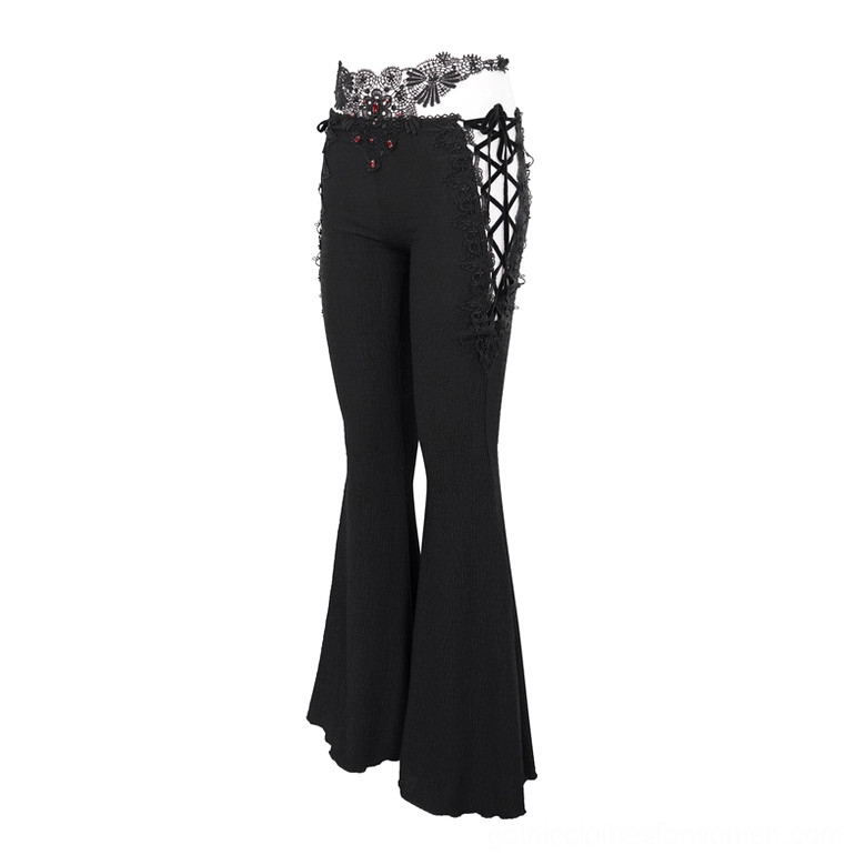 Left side flat lay of gothic lace-up trousers displaying side lace-up closure and floral appliqué