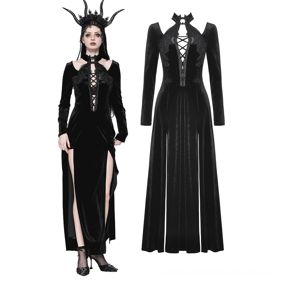 Gothic black velvet dress front composite view with model and flat lay, displaying high thigh slit and halter cutout neckline with floral lace