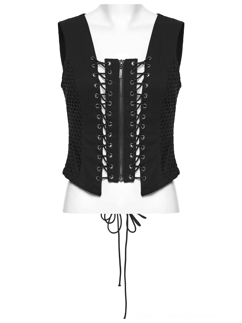 Black cropped gothic vest mannequin front view, featuring front lace-up closure with metal eyelets and mesh fabric construction
