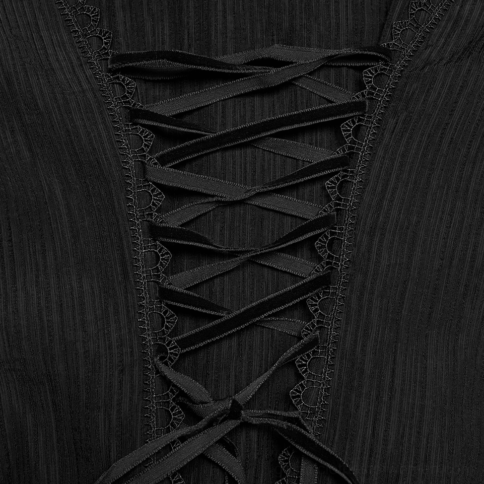 Close-up detail of black gothic blouse back showing satin ribbon lace-up system, lace trim accents and textured ribbed fabric