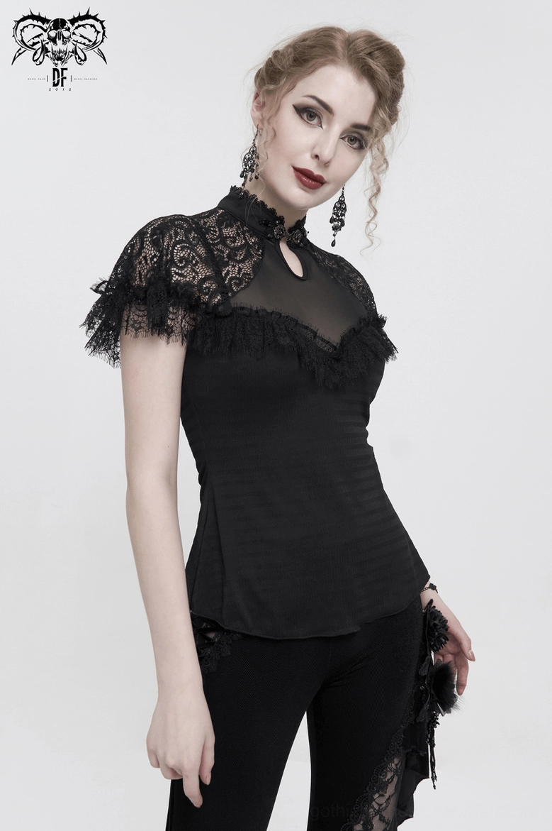 Black gothic lace raglan t-shirt detail view showing v-neckline and lace panel layering