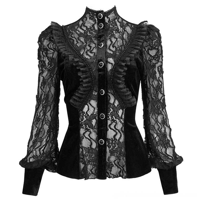 Black gothic velvet lace blouse flat lay front view showing stand collar, button placket, and mixed velvet and lace fabric construction