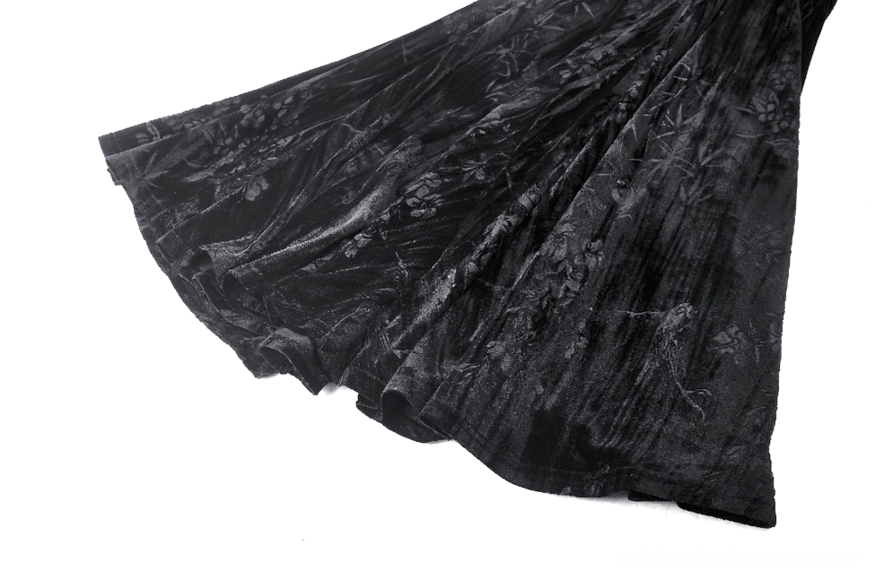 Black gothic lace velvet maxi dress fitted bodice with floral lace overlay and draping detail
