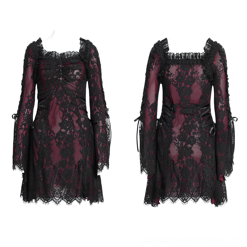 Wine red and black gothic lace mini dress full front view on display mannequin showcasing ruched bust detail and scalloped hem