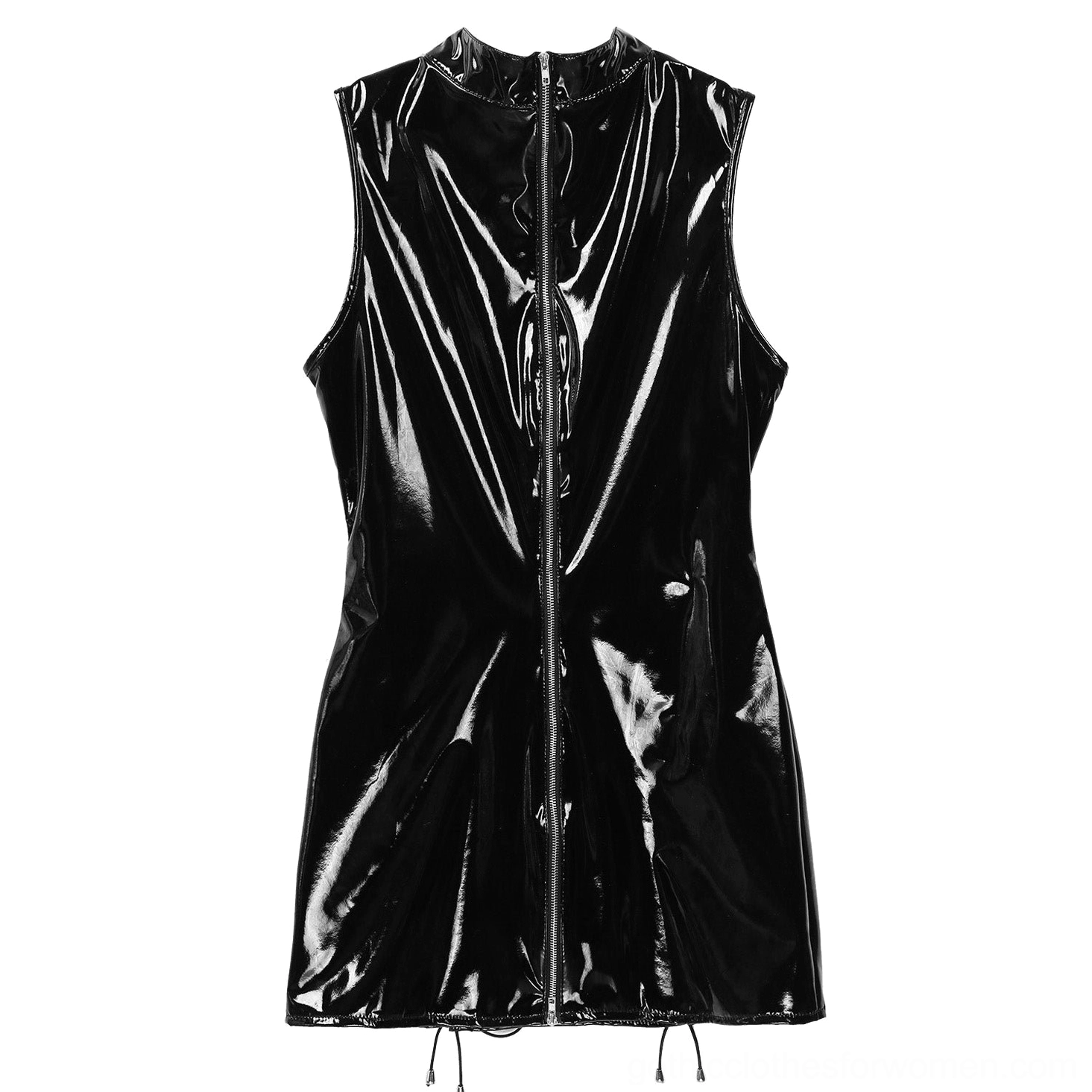 Flat lay back view of sleeveless black latex mini dress with center back zipper fastening