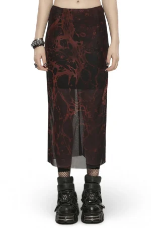 Lava Inferno gothic midi skirt front full body view with irregular red lava print on black sheer gauze