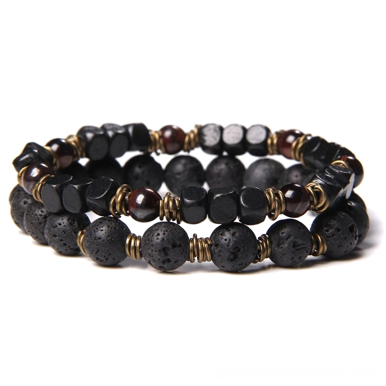 Lava rock and black stone beaded bracelet - grounding gothic energy jewelry in neutral tones