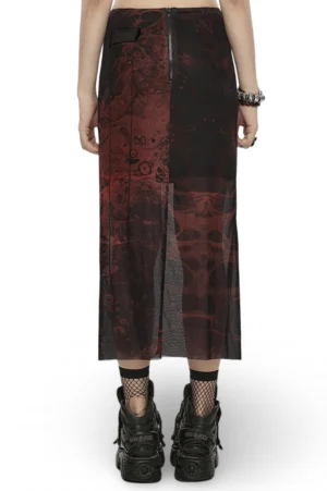Black gothic midi skirt three-quarter view showing asymmetrical panel and exposed front metal zipper
