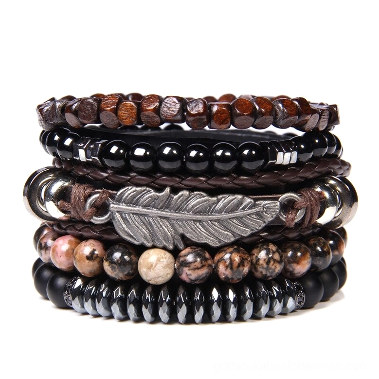 Gothic layered beaded bracelet set with natural stone beads and feather pendant, brown and black stone bracelet stack
