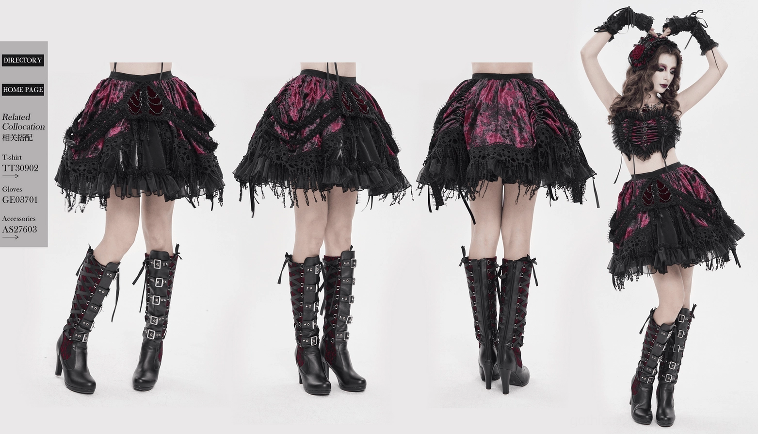 Complete view of wine red black gothic layered skirt showing all design elements and proportions