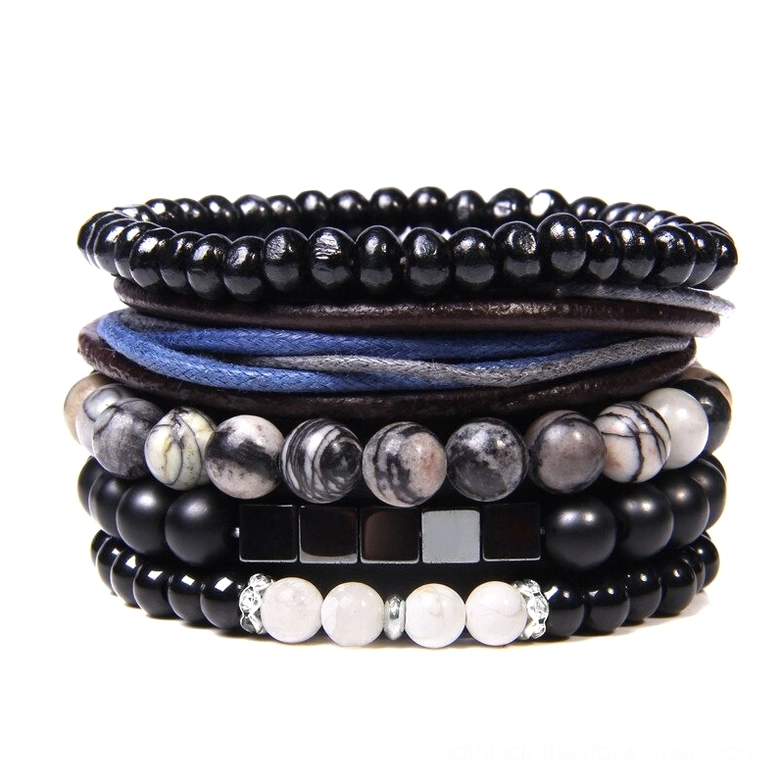 Gothic multi-strand bracelet set featuring natural stone beads in black, blue, and gray with vintage leather braided cords and rhinestone accents layered together on white background