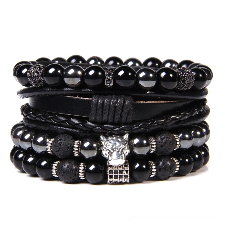 Gothic layered beaded bracelet set with natural stone beads, braided vintage leather, and silver leopard charm - multi-strand design for alternative fashion