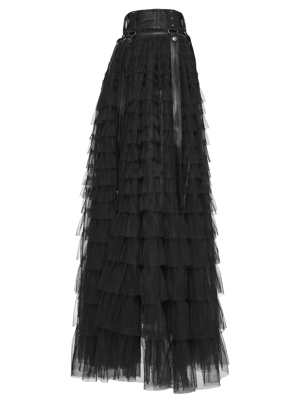 Black gothic layered tulle maxi skirt flat lay showcasing all-black ruffled tulle layers and leather waist hardware