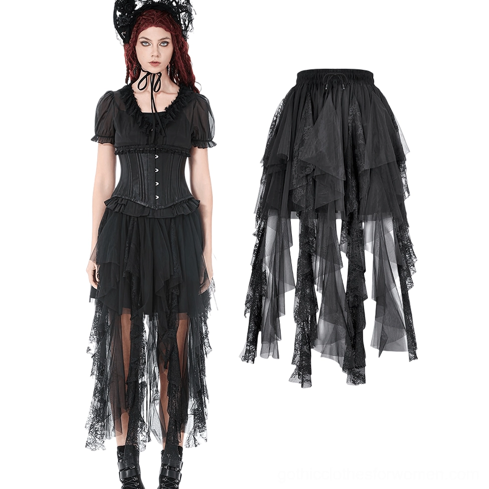 Black layered tulle skirt worn with vintage headdress and ruffled gothic top full outfit