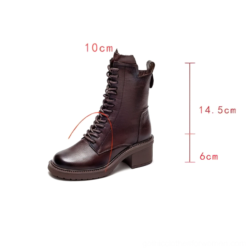 Gothic leather ankle boots side profile showing shaft and heel height dimensions on white background