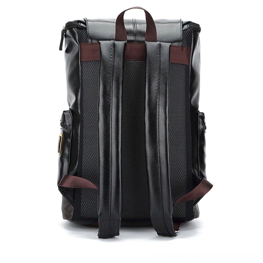 Black gothic backpack back view featuring breathable mesh panel and padded shoulder straps