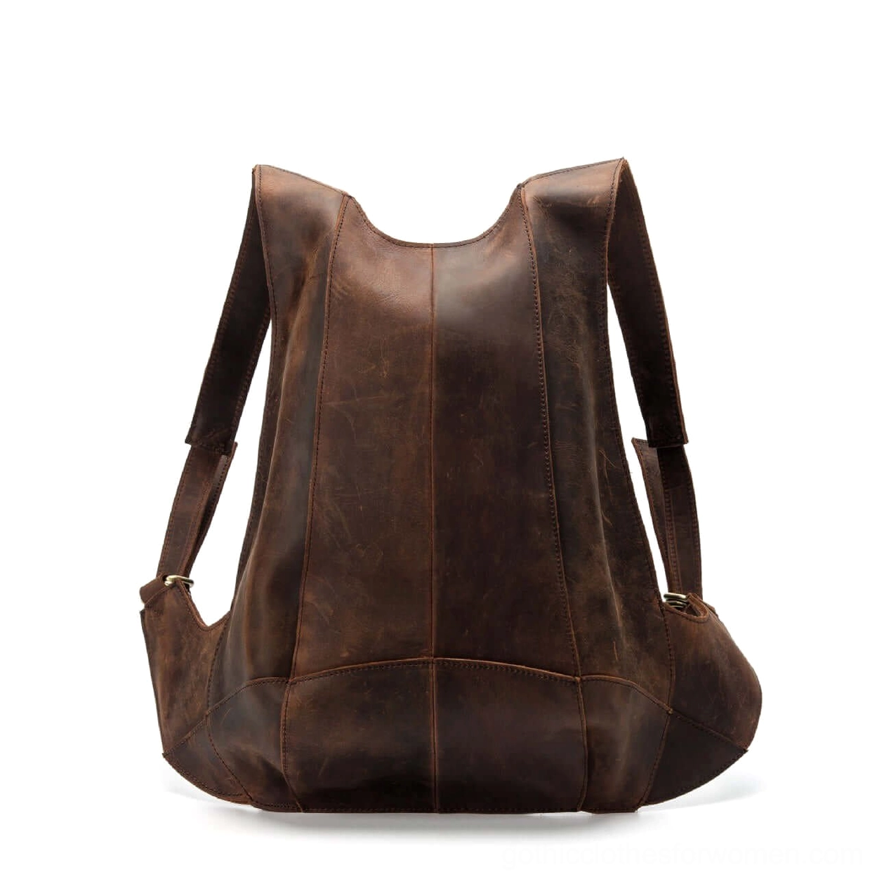Dark brown genuine leather gothic backpack direct front view showing full leather panel construction