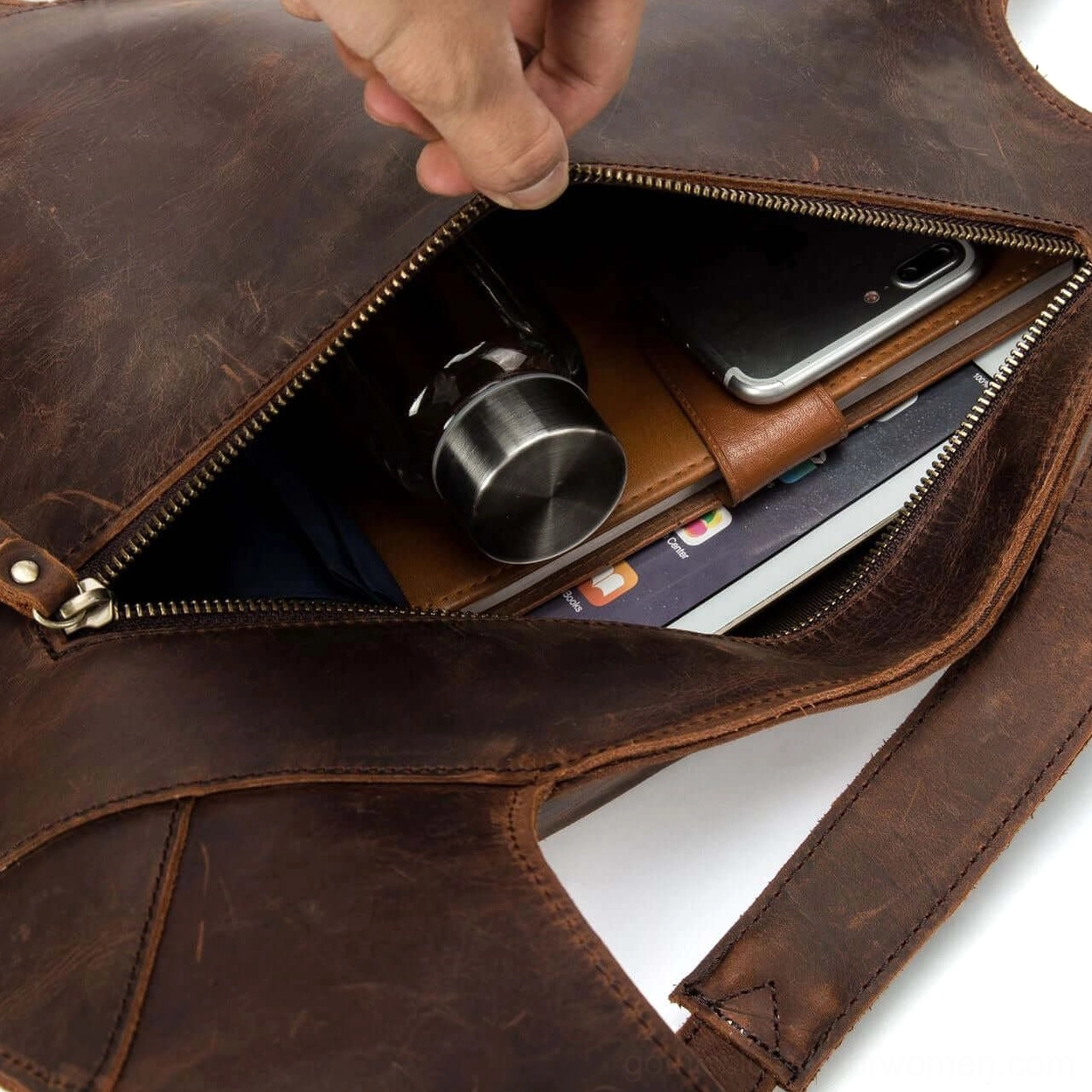 Genuine leather gothic backpack material close-up showcasing first-layer cowhide quality and patina