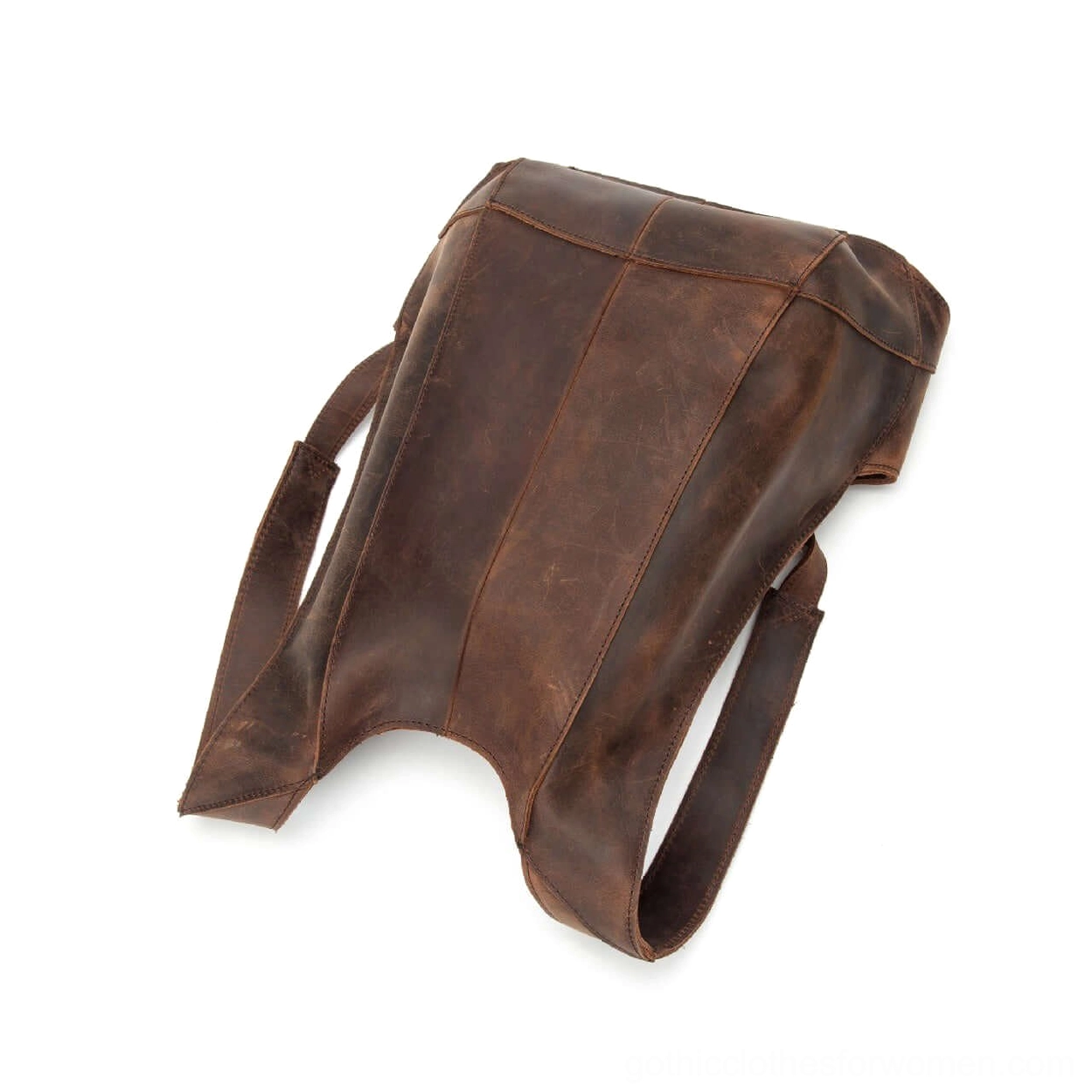 Dark brown genuine leather gothic backpack rear side oblique view with dual adjustable shoulder straps