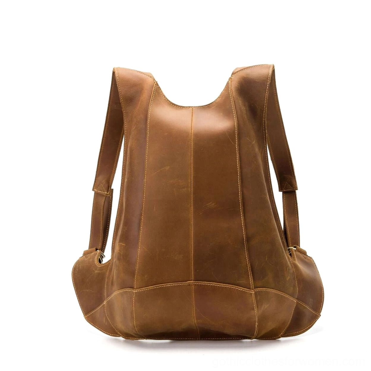 Medium brown leather gothic backpack front oblique view with rounded bottom metal strap hardware