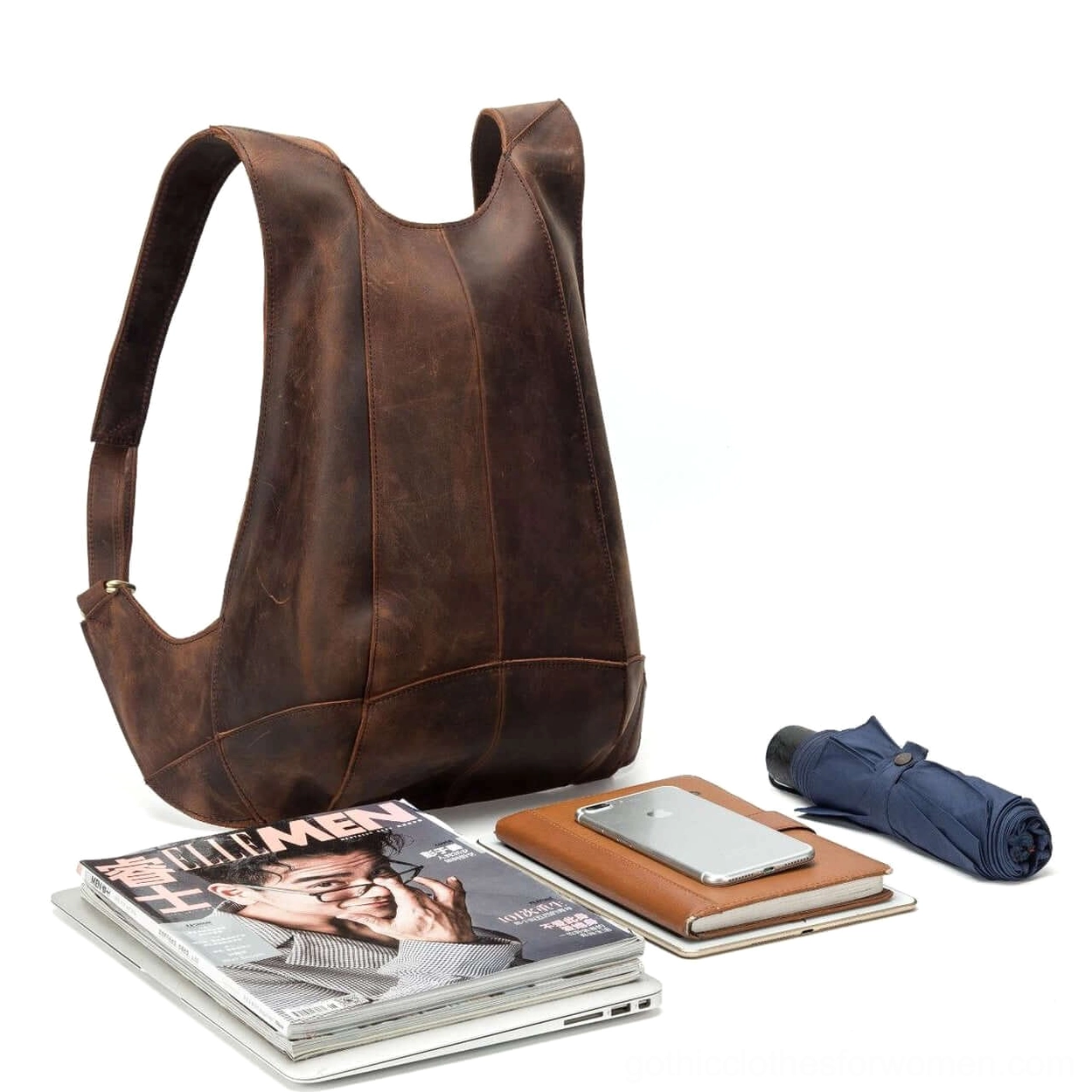 Dark brown genuine leather gothic backpack full back view with arcuate shoulder strap system
