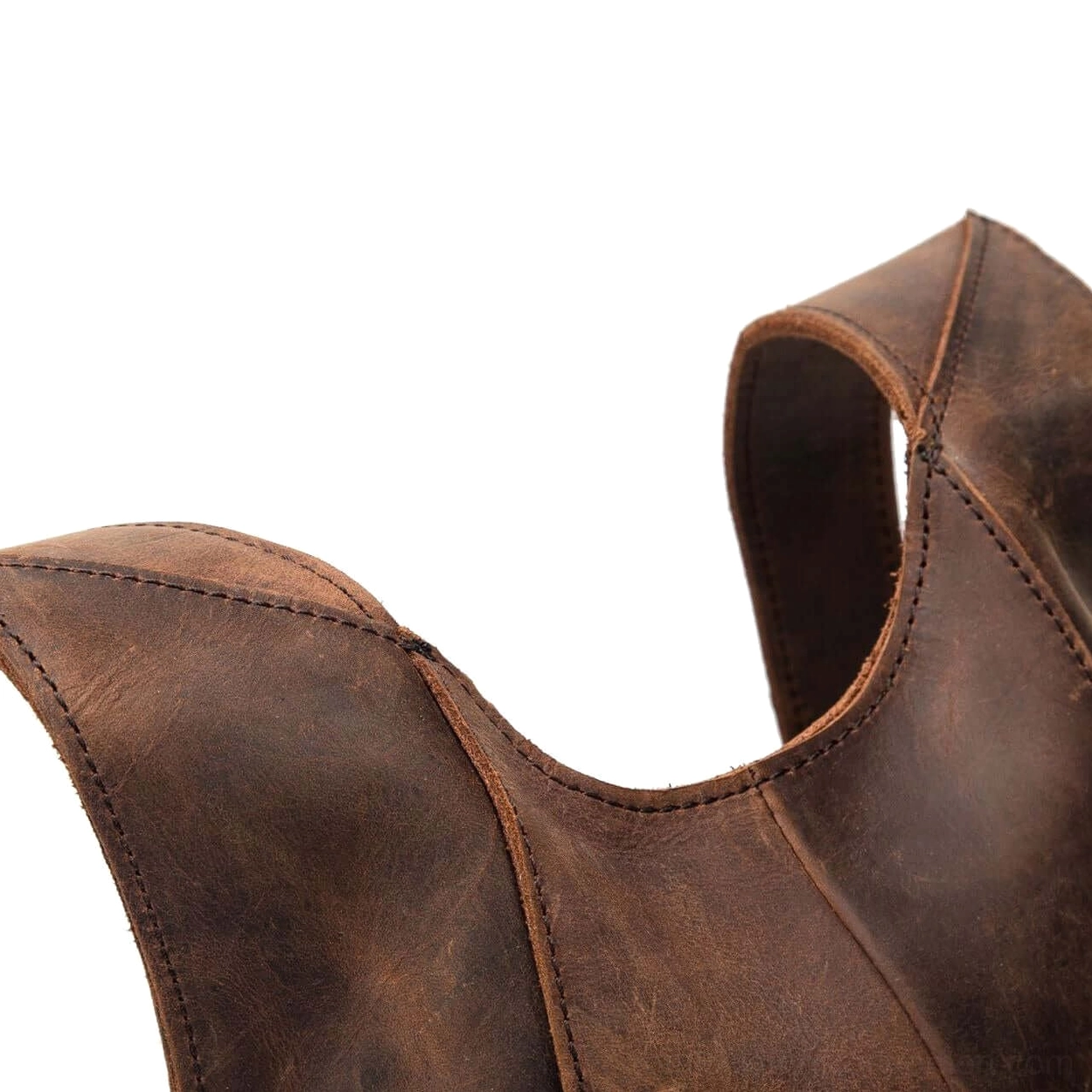 Brown genuine leather gothic backpack handle construction detail showing quality and durability