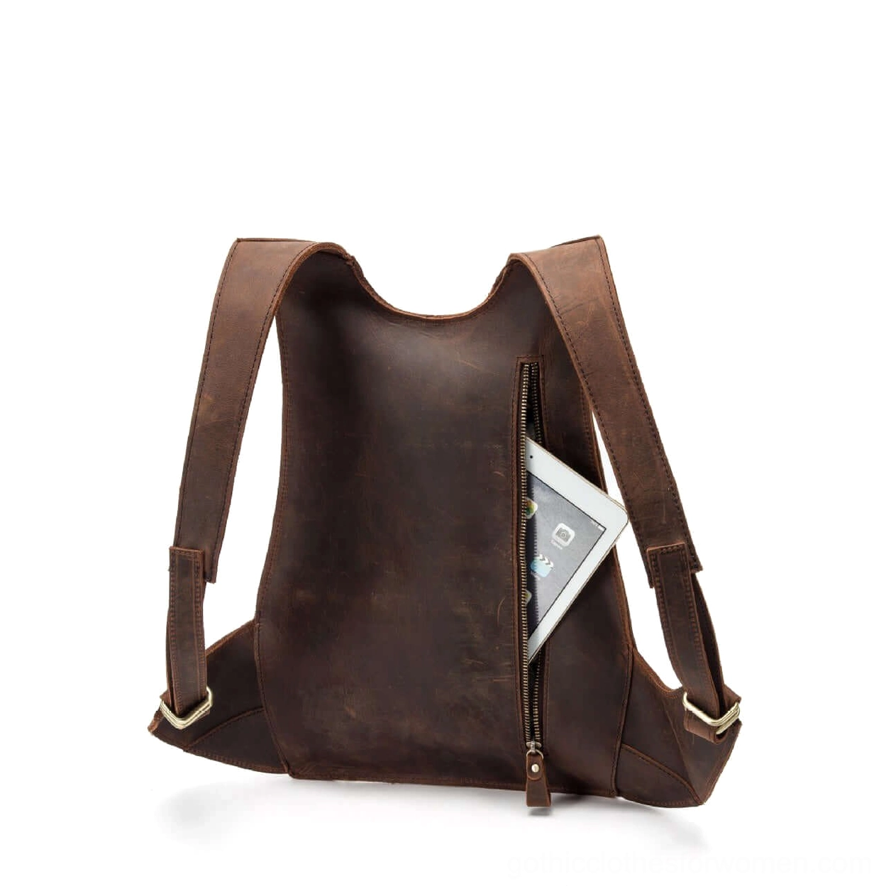 Gothic leather backpack interior pocket detail showing zipper compartments and anti-theft design