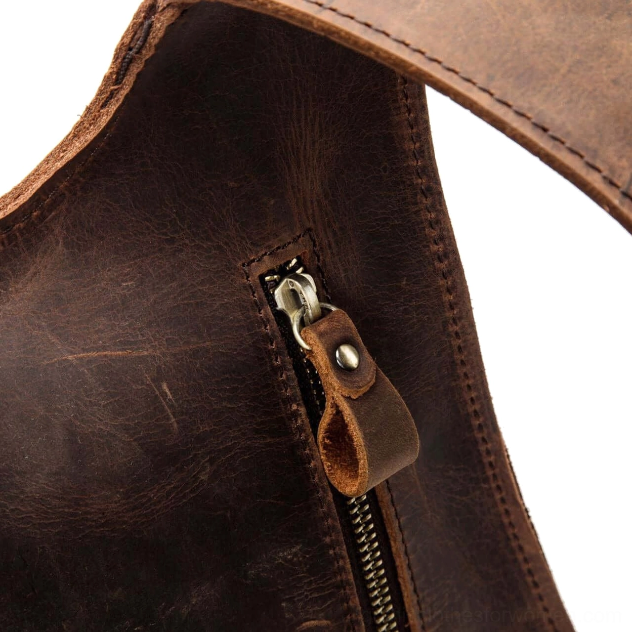 Brown genuine leather gothic backpack carrying comfort demonstration with soft shoulder straps