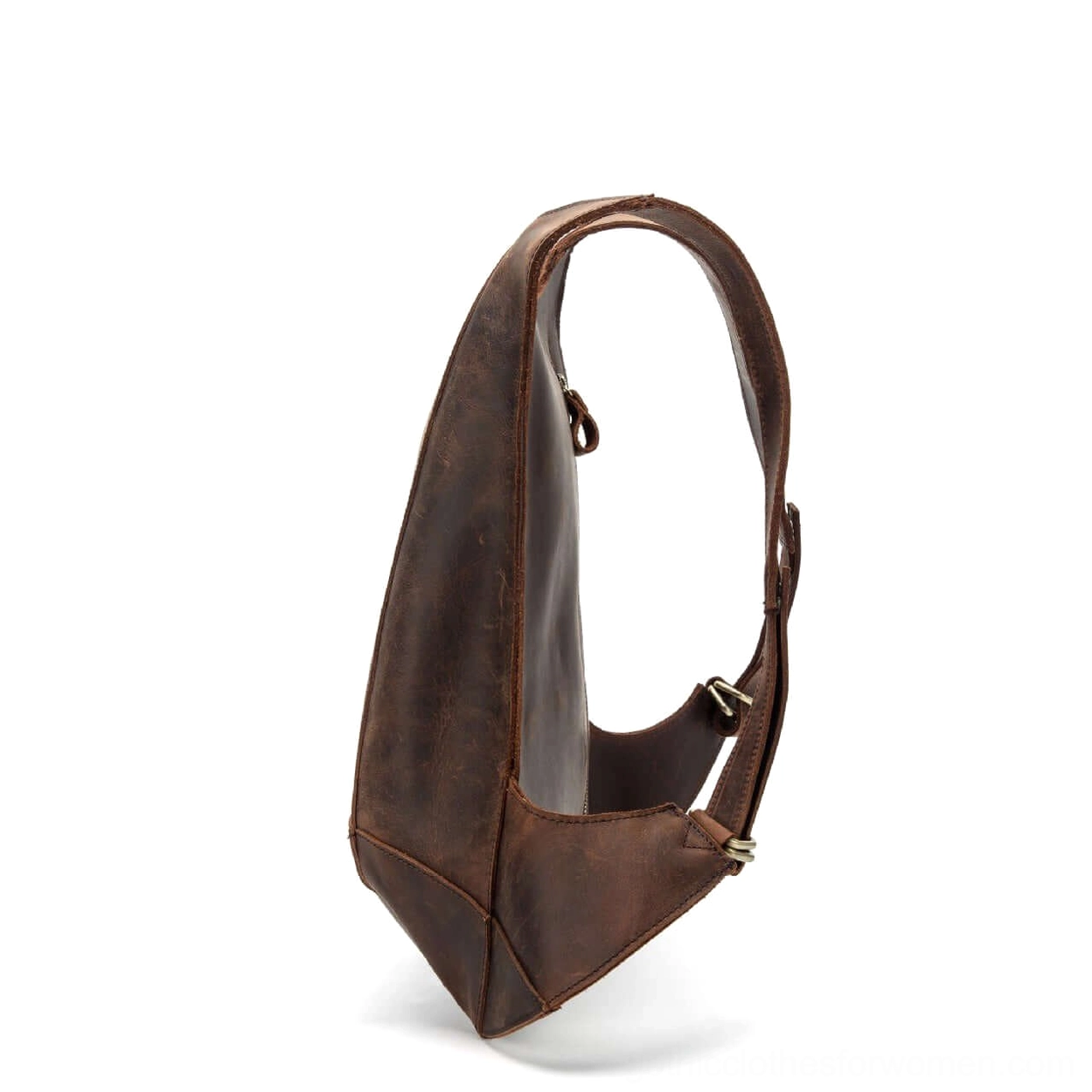 Dark brown leather gothic shoulder bag side view with single adjustable strap and metal buckle hardware