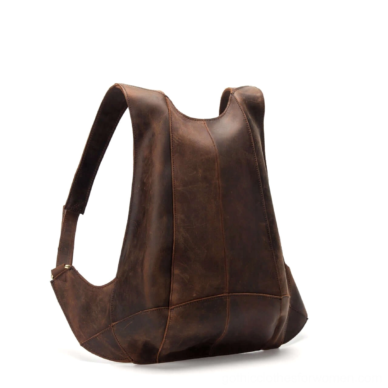 Genuine leather gothic backpack side oblique view showcasing curved top opening and architectural design