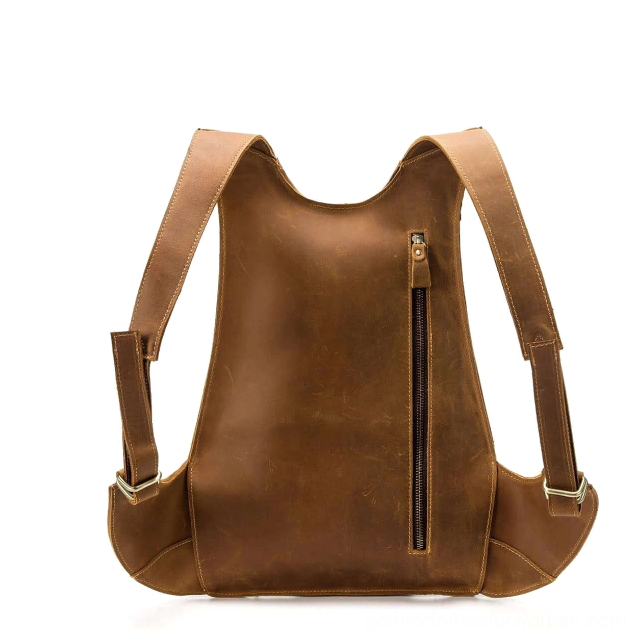 Brown leather gothic backpack three-quarter view highlighting stitching quality and leather panels