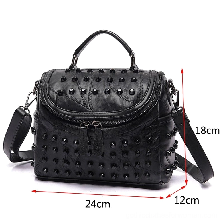 Studded leather crossbody bag with dimension specifications 24x18x12cm showing patchwork leather construction and gothic rivet detail