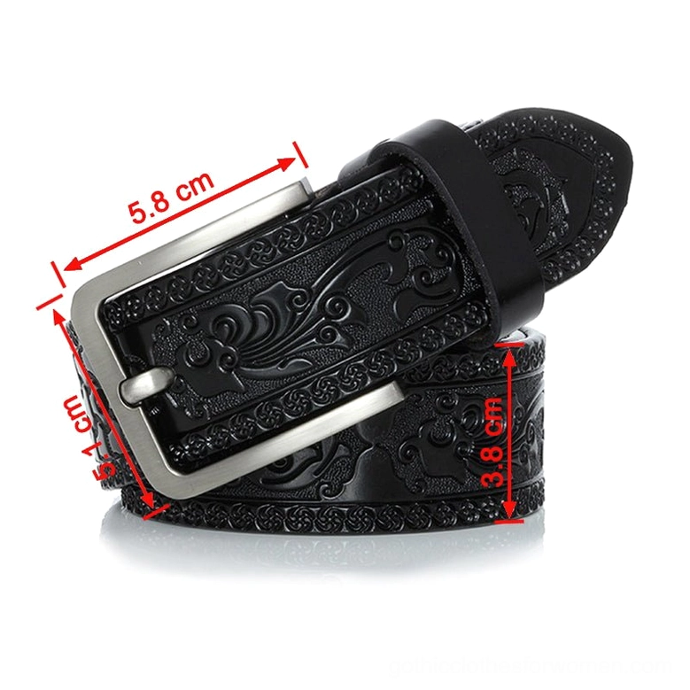 Black gothic embossed leather belt with dimension markings showing 5.8cm buckle length and 3.8cm belt width, front oblique view