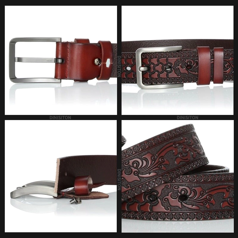 Close-up detail shots showing gothic belt buckle structure, embossed texture pattern, back leather construction, and size measurements