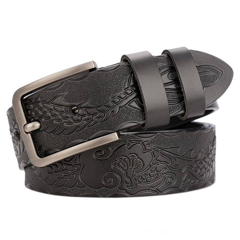 Complete gothic leather belt product showcase with adjustable sizing range from 105cm to 125cm, front presentation view