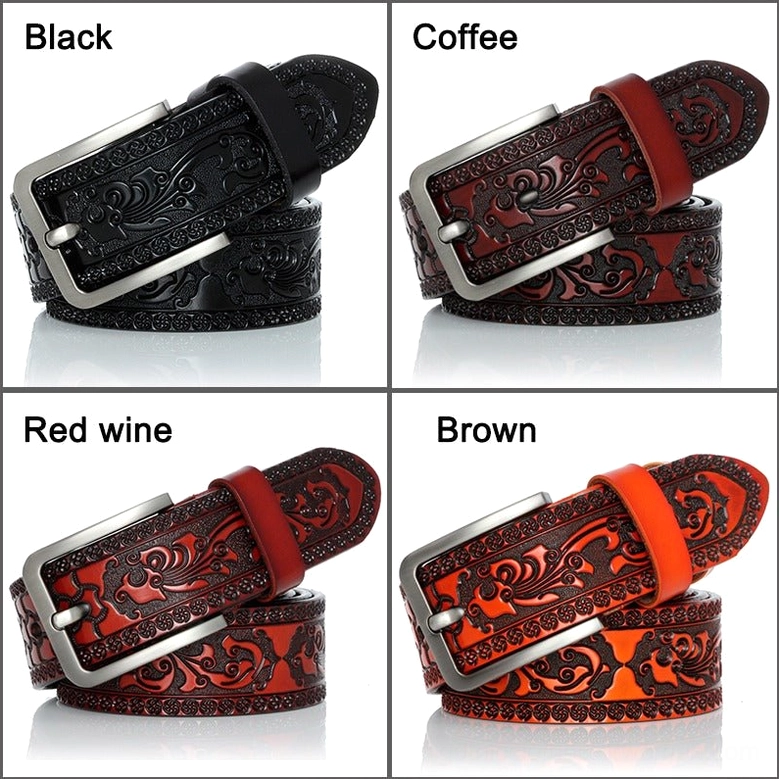 Grid display of four gothic embossed leather belts showing black, coffee, wine red, and brown color variations with matching emboss designs