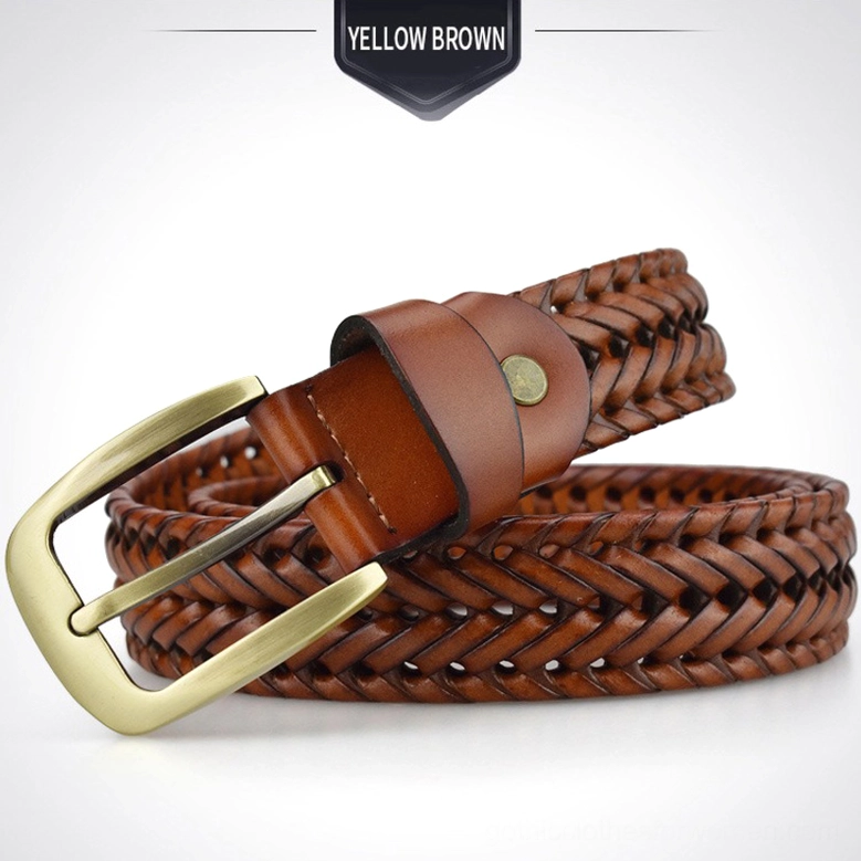 Gothic leather belt displaying hand-knitted braided design with geometric pattern and prominent metal buckle