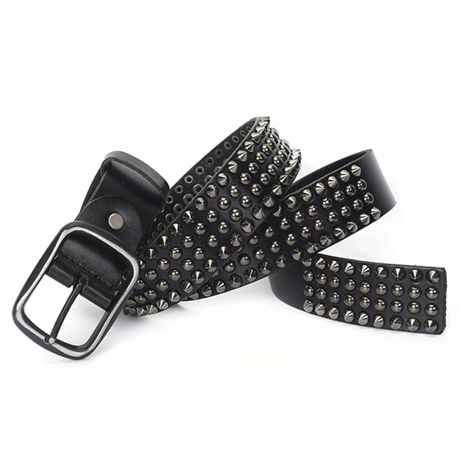 Black leather Gothic belt side profile view showing cone stud details and rectangular buckle