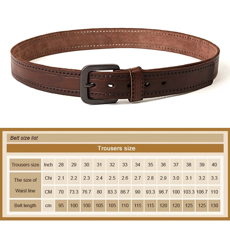 Dark brown genuine leather belt with size measurement guide chart comparing multiple lengths for gothic fashion styling reference