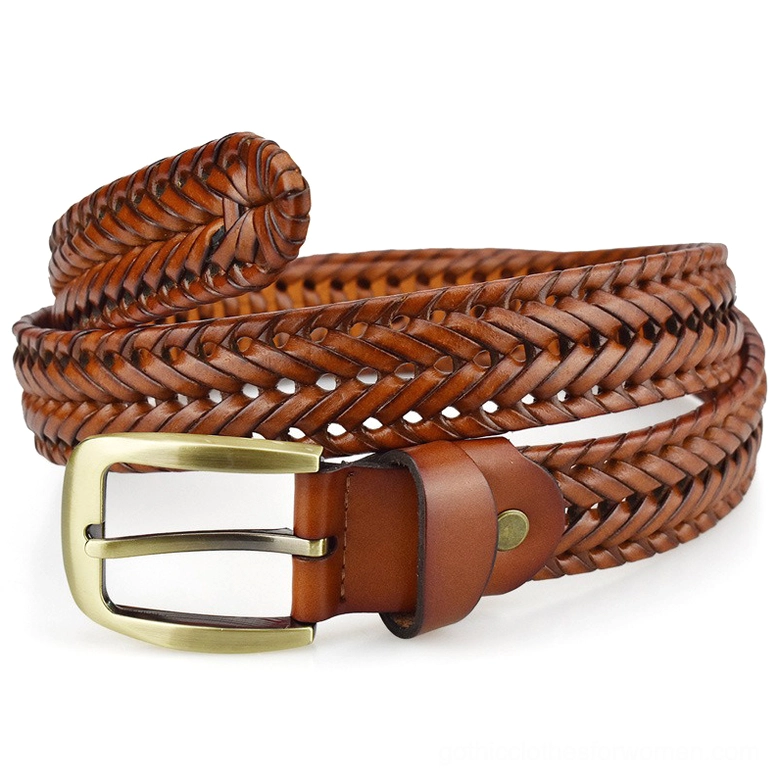 Hand-knitted tan brown gothic leather belt showcasing full woven textile design and metal buckle detail, flat lay front view