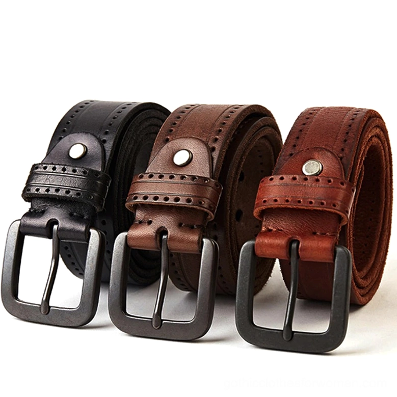 Three vintage gothic leather belts displayed flat lay - black, brown, and red genuine cowskin options with metal buckles showing embossed strap details