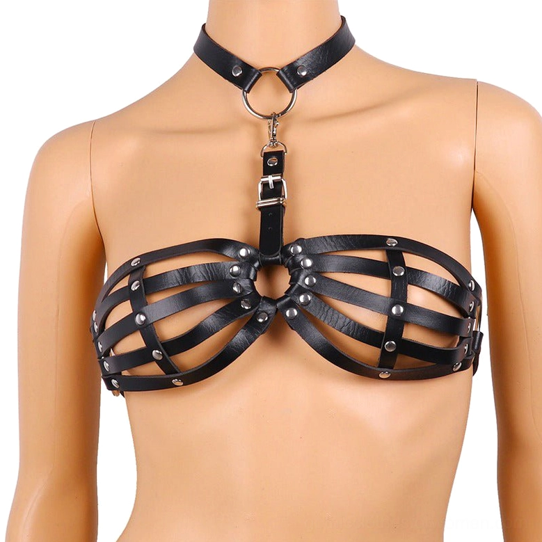 White mannequin torso displaying black leather bondage harness with strappy cage bra design, detachable neck O-ring strap, and metal hardware closure