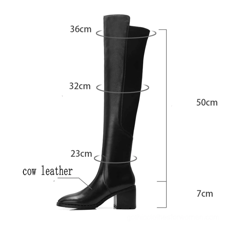 Side profile of black leather over-the-knee gothic boots with height dimensions and block heel specifications