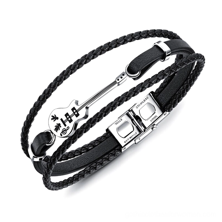 Black leather multilayer gothic bracelet with bass guitar stainless steel charm, flat overhead view