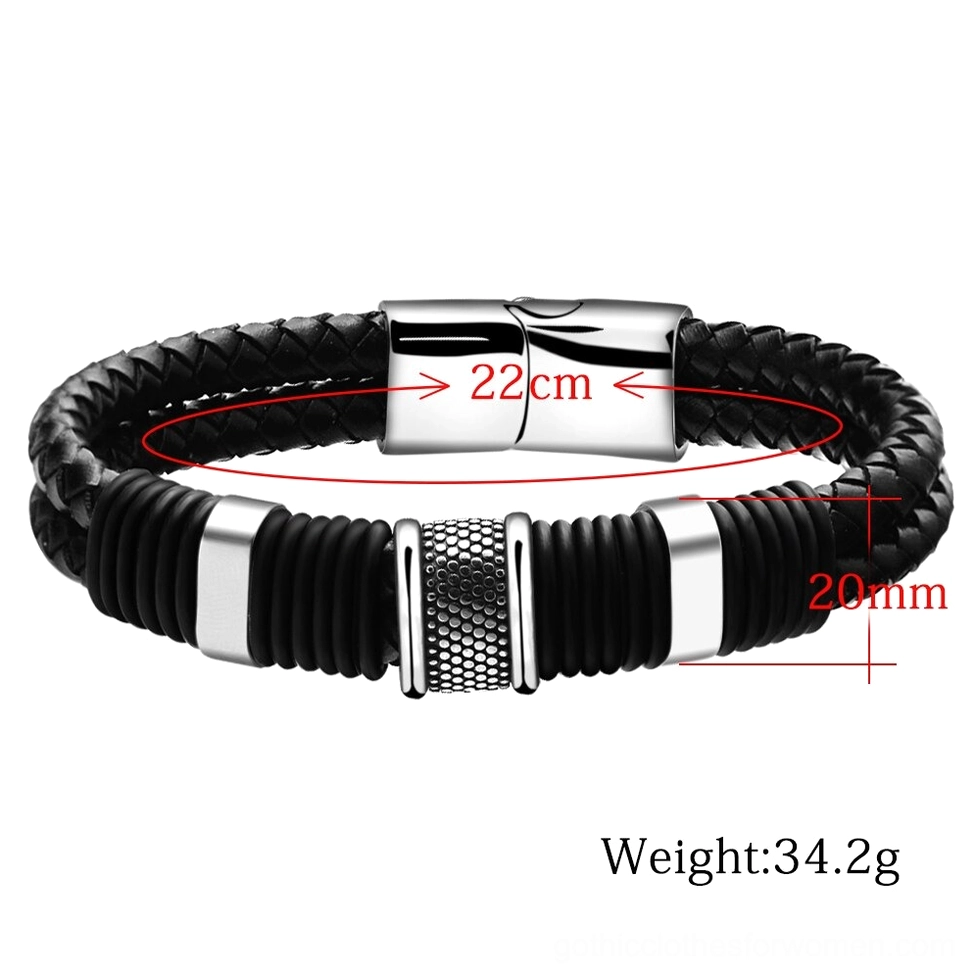 Black braided leather gothic bracelet flat lay showing full length and width measurements