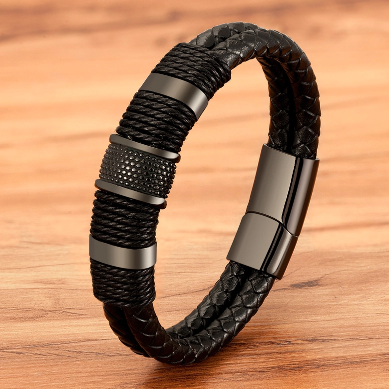 Double-layer woven leather gothic bracelet with gun-black stainless steel hardware and knurled decorative ring